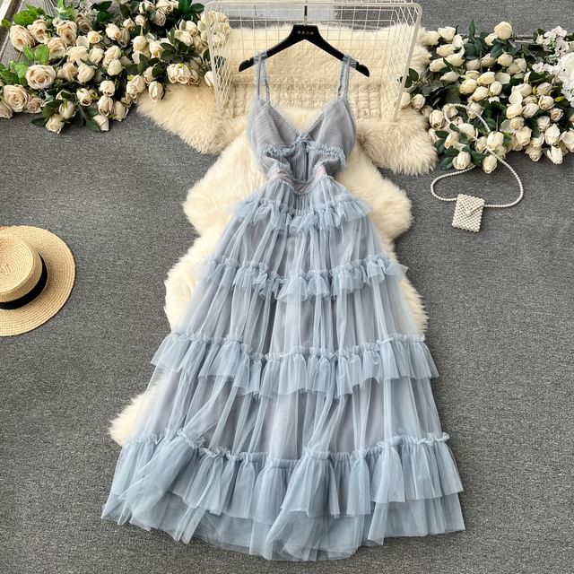 Spaghetti Strap V-Neck Frill Trim Tiered Open Back Mesh A-Line Gown