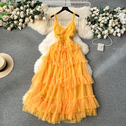 Spaghetti Strap V-Neck Frill Trim Tiered Open Back Mesh A-Line Gown