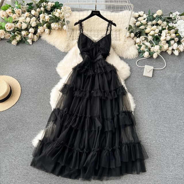 Spaghetti Strap V-Neck Frill Trim Tiered Open Back Mesh A-Line Gown