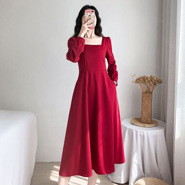 A-Line Midi Plain Square Neck Dress Long-Sleeve