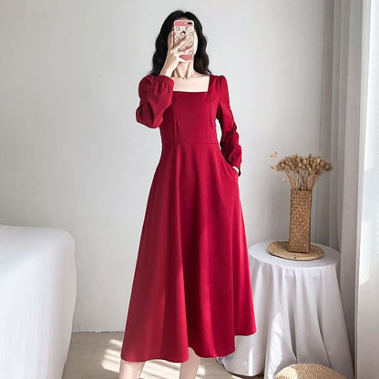A-Line Midi Plain Square Neck Dress Long-Sleeve