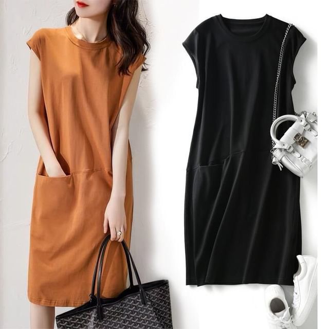 Plain Dress Cap-Sleeve Midi Neck Crew Shift