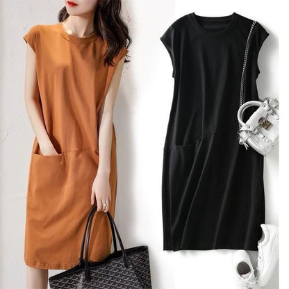 Plain Dress Cap-Sleeve Midi Neck Crew Shift