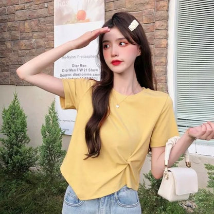 T-Shirt Ruched Neck Asymmetrical Crew Plain Crop Short-Sleeve