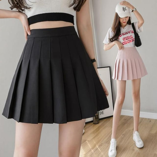 High Waist Plain Pleated Mini A-Line Skirt
