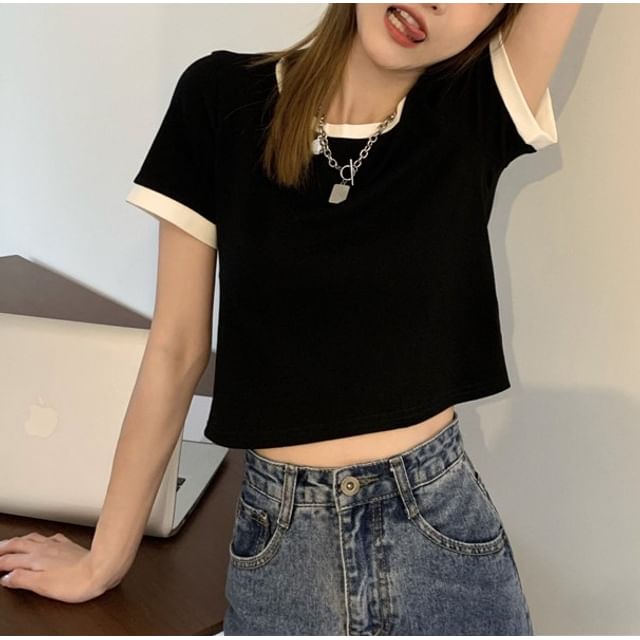 T-Shirt Trim Crew Short-Sleeve Neck Crop Contrast