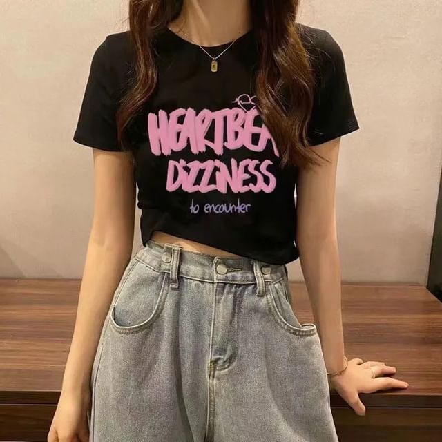 Crop Crew Print T-Shirt Lettering Short-Sleeve Neck