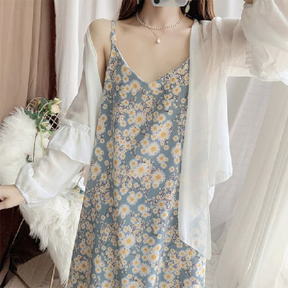 Shift V-Neck Dress Floral Spaghetti Print Strap Midi