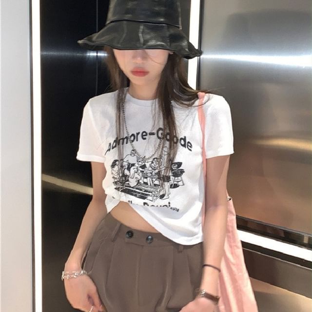 Neck Lettering Print T-Shirt Crew Short-Sleeve Crop