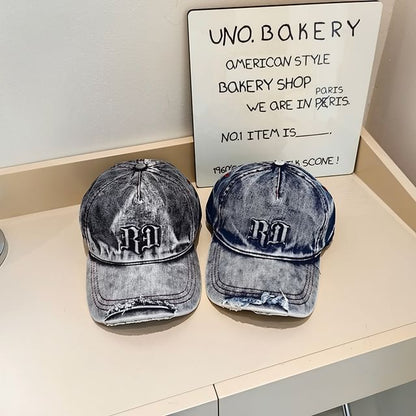 Lettering Distressed Washed Denim Baseball Cap