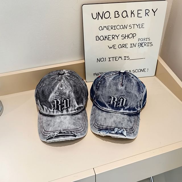 Lettering Baseball Washed Cap Distressed Denim
