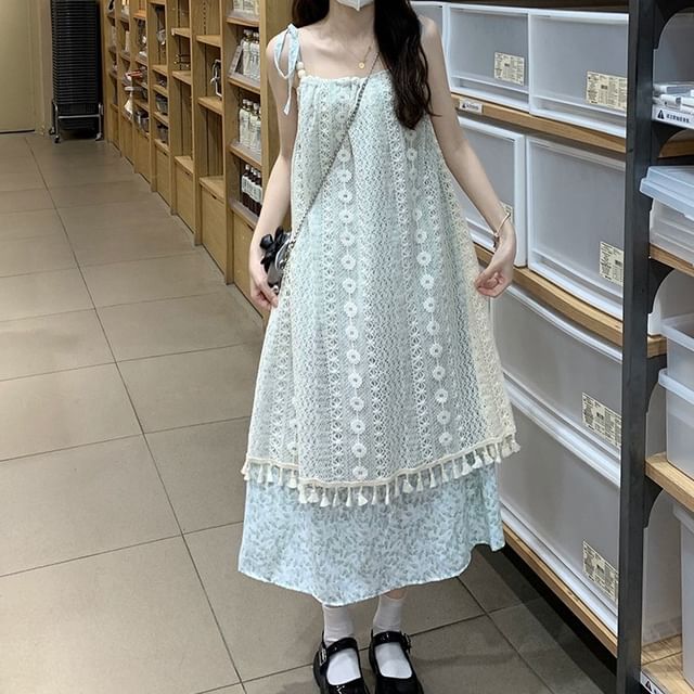 Thin Strap Lace Midi A-Line Dress