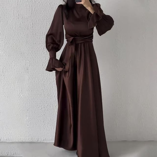 Long-Sleeve Mock Neck Sashed A-Line Maxi Gown