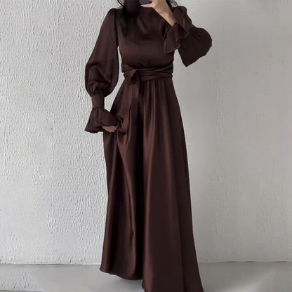 Long-Sleeve Mock Neck Sashed A-Line Maxi Gown