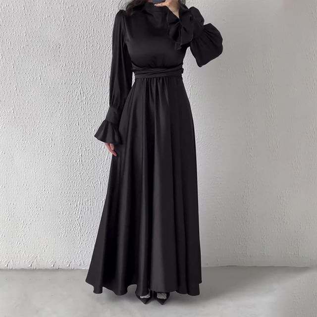 Long-Sleeve Mock Neck Sashed A-Line Maxi Gown