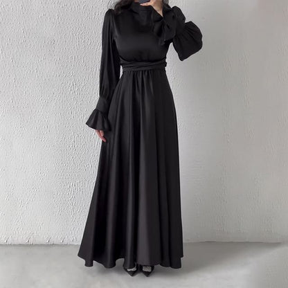 Long-Sleeve Mock Neck Sashed A-Line Maxi Gown