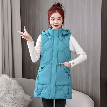 Hooded Padded Zip-Up Long Vest