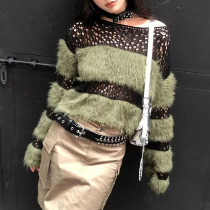 Long-Sleeve Boatneck Perforated Knit Top