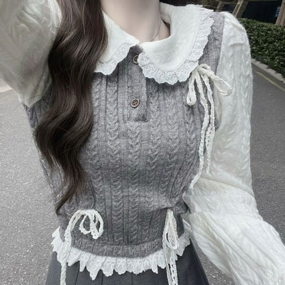 Long-Sleeve Mock Two-Piece Half Buttoned Knit Top / Pleated Skirt