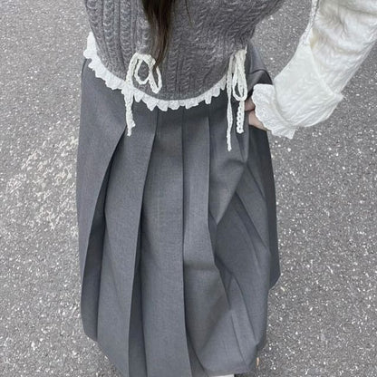 Long-Sleeve Mock Two-Piece Half Buttoned Knit Top / Pleated Skirt