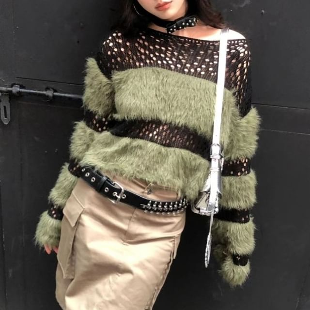 Long-Sleeve Boatneck Perforated Knit Top