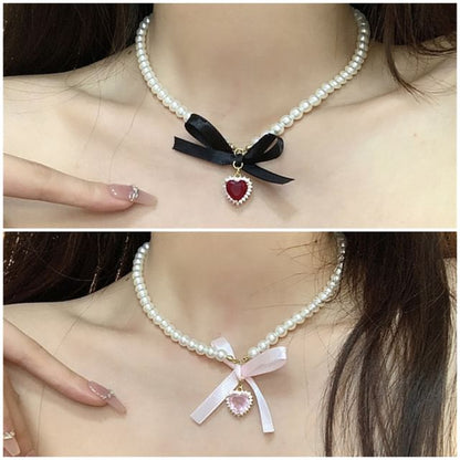Heart Pendant Ribbon Faux Pearl Choker