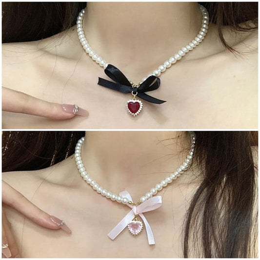 Heart Pendant Ribbon Faux Pearl Choker