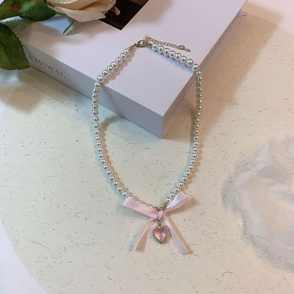 Heart Pendant Ribbon Faux Pearl Choker