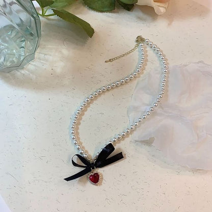 Heart Pendant Ribbon Faux Pearl Choker