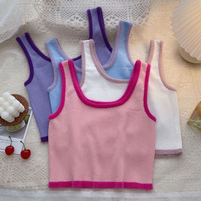 Contrast Top Scoop Neck Trim Knit Crop