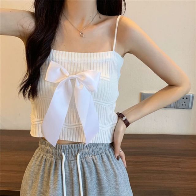 Top Camisole Ribbed Knit Bow Plain