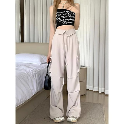 High Waist Folded Waistline Plain Pocket Straight-Fit Wide-Leg Cargo Pants