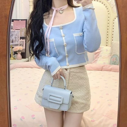 High Waist Plain Hot Pants / Square Neck Contrast Trim Cropped Cardigan