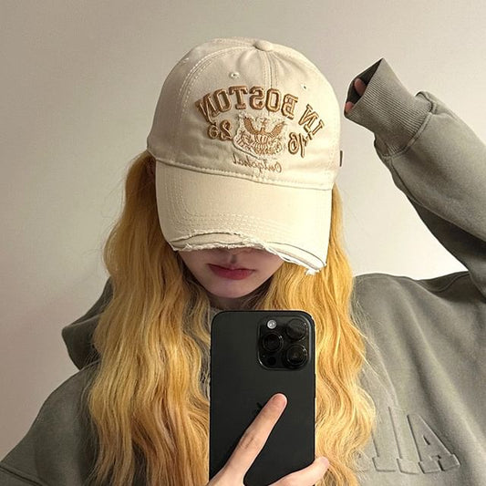 Lettering Embroidered Cap Distressed Baseball