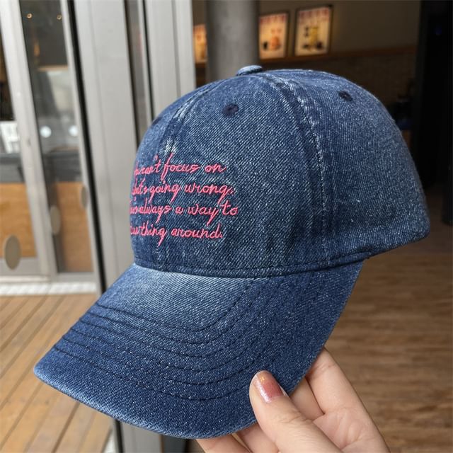 Lettering Embroidered Washed Denim Baseball Cap