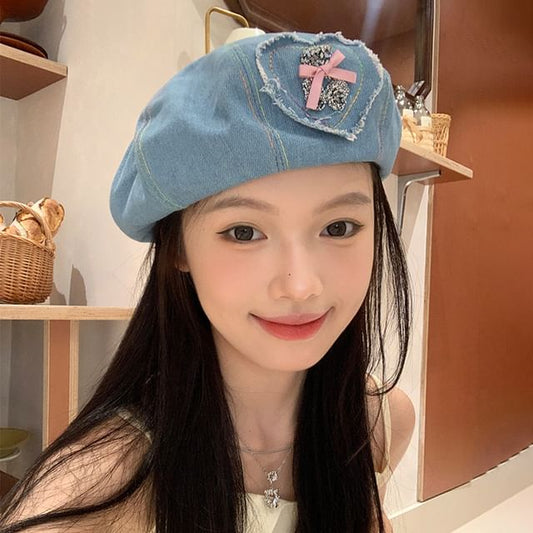 Rhinestone Bow Heart Applique Denim Beret
