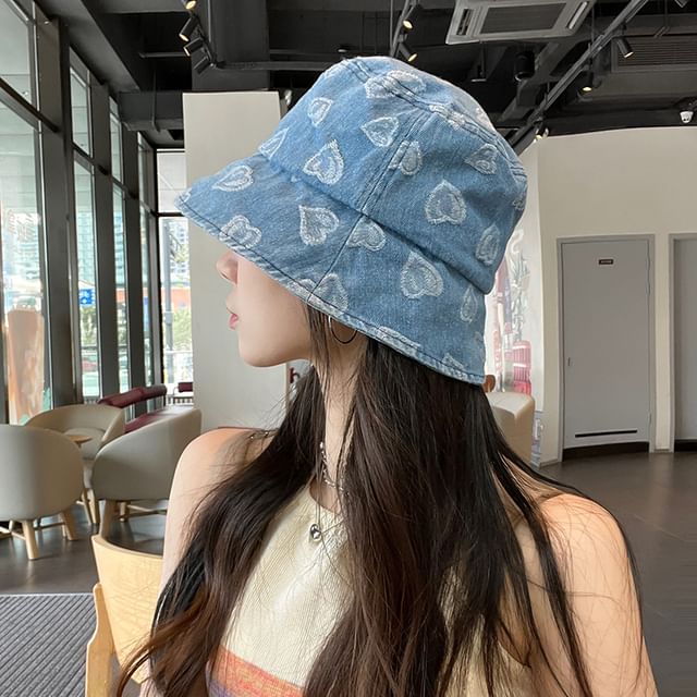 Heart Print Washed Denim Bucket hat