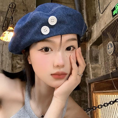 Button Accent Washed Denim Beret