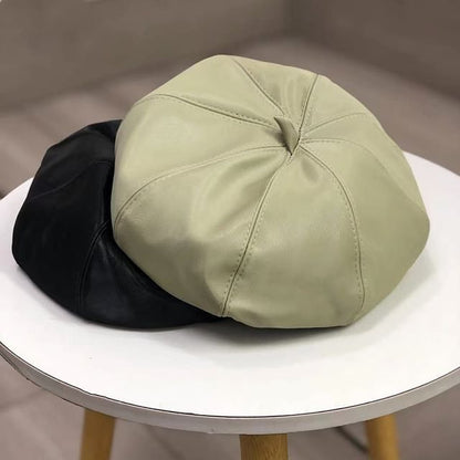 Plain Faux Leather Beret