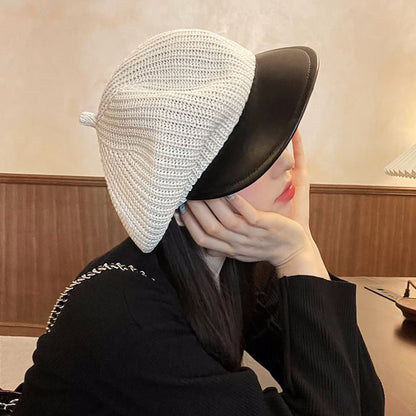 Faux Leather Panel Knit Newsboy Cap