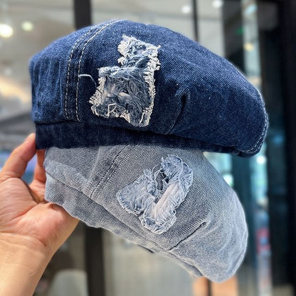 Washed Distressed Denim Beret