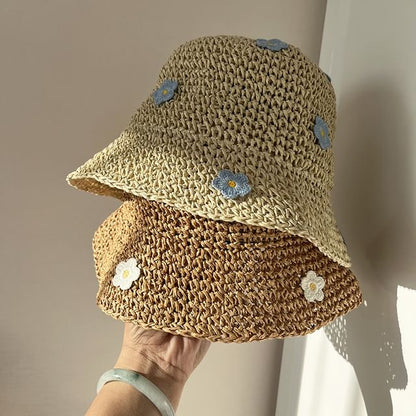 Floral Accent Straw Bucket Hat