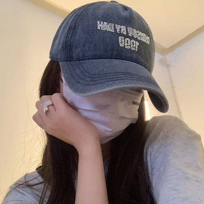 Lettering Rhinestone Washed Denim Baseball Cap