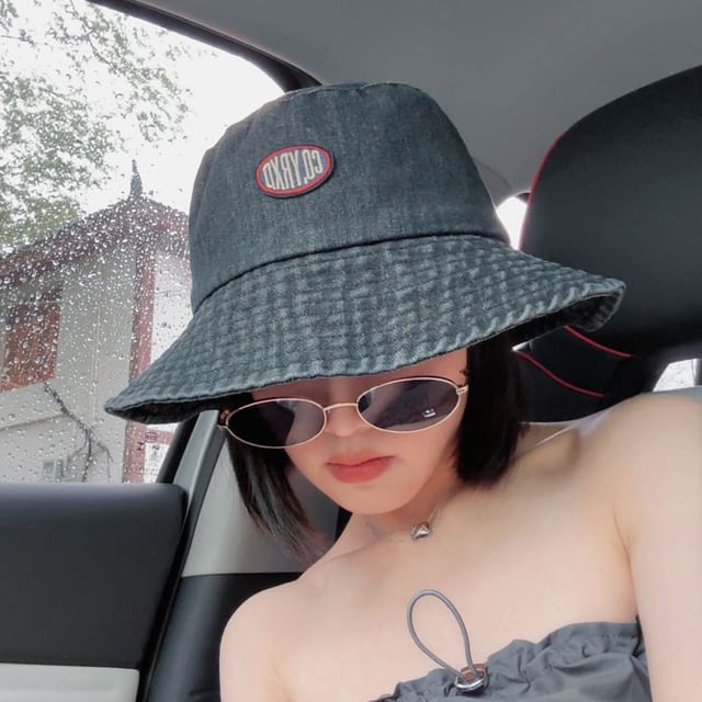 Lettering Applique Washed Denim Bucket Hat