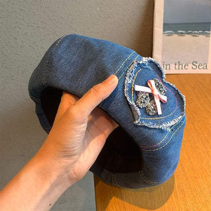 Rhinestone Bow Heart Applique Denim Beret