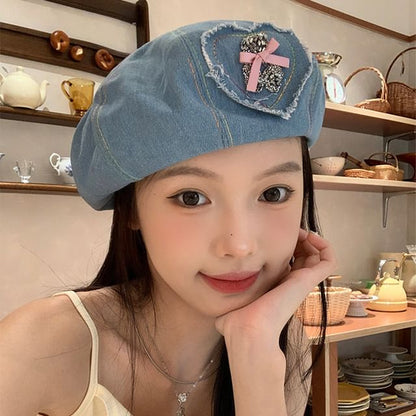 Rhinestone Bow Heart Applique Denim Beret