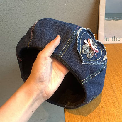 Rhinestone Bow Heart Applique Denim Beret