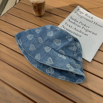 Heart Print Washed Denim Bucket hat