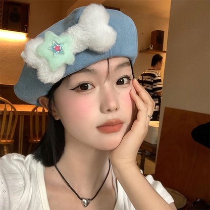 Bone Accent Washed Denim Beret