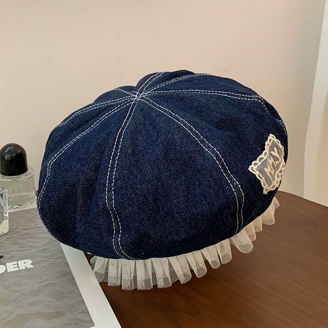 Lettering Applique Mesh Panel Denim Beret